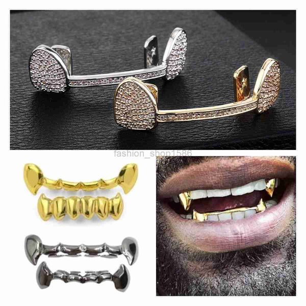

hiphop vampire teeth fang grillz 18k real gold cz cubic zirconia diamond dental mouth grills brace up bottom tooth cap rapper body jewelry f, Black