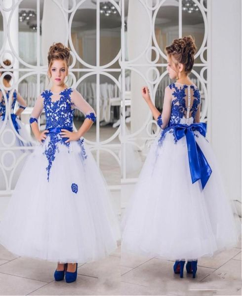 

white and royal blue flower girls dresses with sheer half sleeve applique girls pageant party dress 20189131327, White;blue