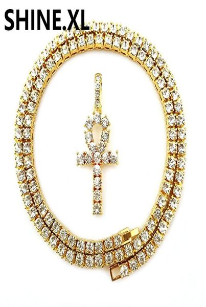 

mens iced out hip hop gold artificial diamond ankh cross lab diamond 1 row tennis chain 24 inch bling jewelry2379192, Silver
