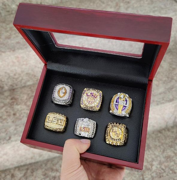 

lsu 6pcs 1996 2003 2007 2018tigers nationals champions championship ring with wooden box souvenir men fan gift 2019 2020 wholesal6714888, Golden;silver