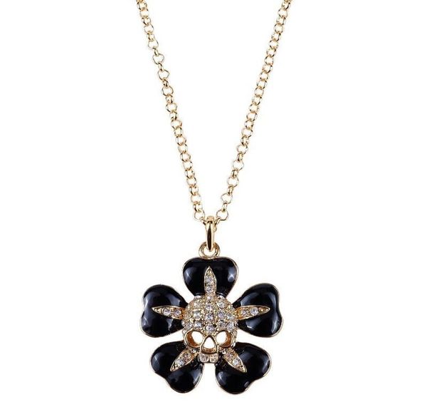 

black small flower inlaid with gold skull saturn necklace lacquered skull flower necklace1832216, Silver