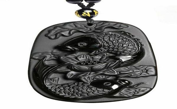 

natural obsidian pisces lotus fish koi necklace amulet pendant with bead chain3659624, Silver