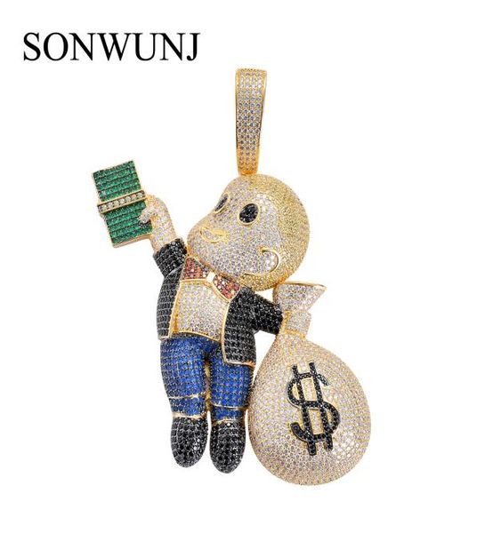 

5 colors large size brass cz stones cartoon men money bag pendant hip hop necklace jewelry bling bling iced out cn0442781310, Silver