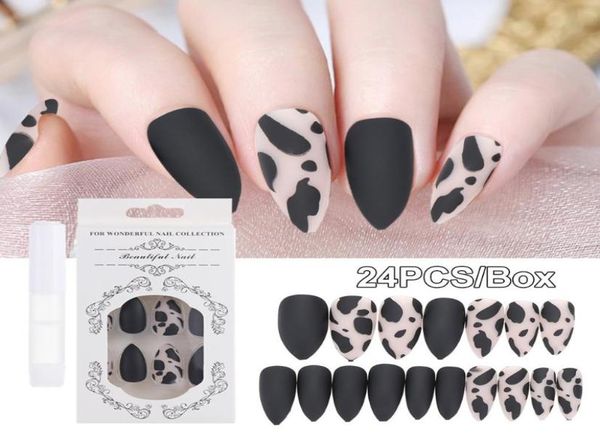 

false nails 24pcsbox black matte leopard nail tips stiletto cow pattern fake with glue full cover girls art accessory9171129, Red;gold