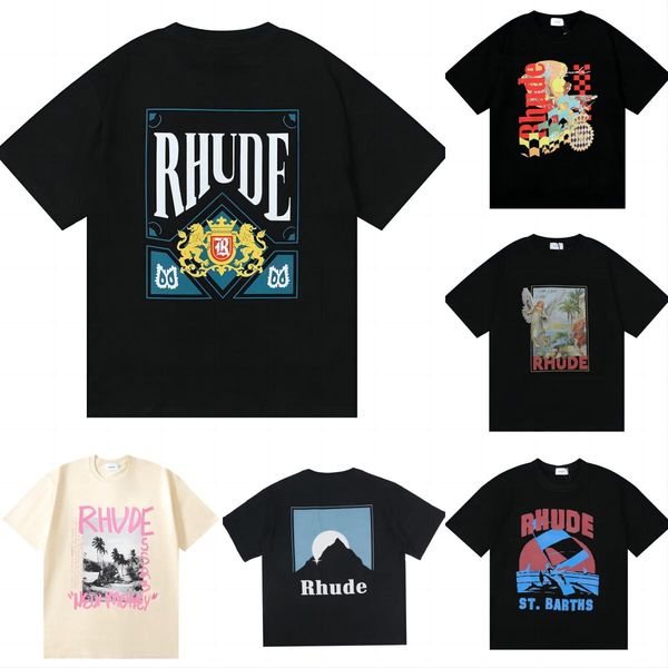 

23 new men's women's big brand t shirts cotton rhude t-shirts trendy loose round neck printed short sleeve t-shirts same style clo, White