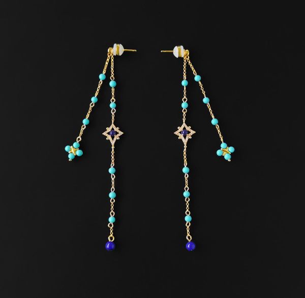 

s925 sterling silver roman style simple turquoise tassel earrings chain dangle earrings fashion luxury brand monaco jewelry 2208165320754, Golden