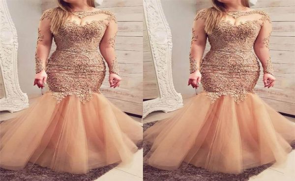 

sheer crew neck illusion long sleeves gold mermaid prom dresses beaded crystal lace appliques floor length evening party gowns cus7400099, Black