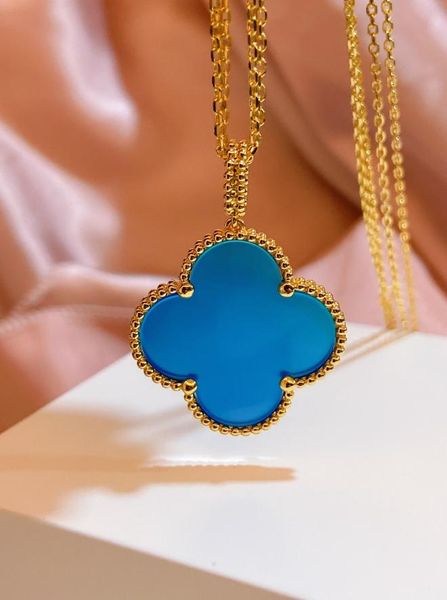 

female designer necklace blue ceramic pendant large flower fourleaf clover blue romantic 25cm popular season with women039s c1696210, Silver