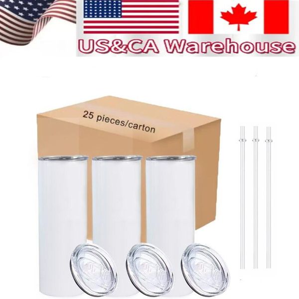 

us /ca local warehouse sublimation blanks mugs 20oz stainless steel straight tumblers white tumbler with lids and straw heat transfer cups w