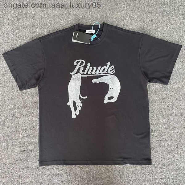 

designer fashion clothing tees hip hop tshirts rhude american night cat print high street loose fitting t-shirt summer men's women&#039, White;black