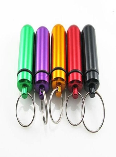 

100pcslot 4817mm aluminum pill box case bottle holder container keychain key chain key ring storage jar8825920