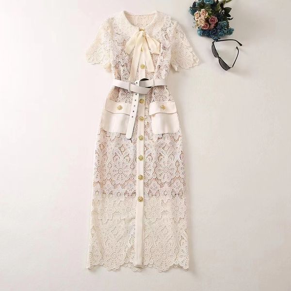 

european and american women's clothes 2023 spring new short sleeve doll neck bow hollow lace fashion dress xxl, Black;gray