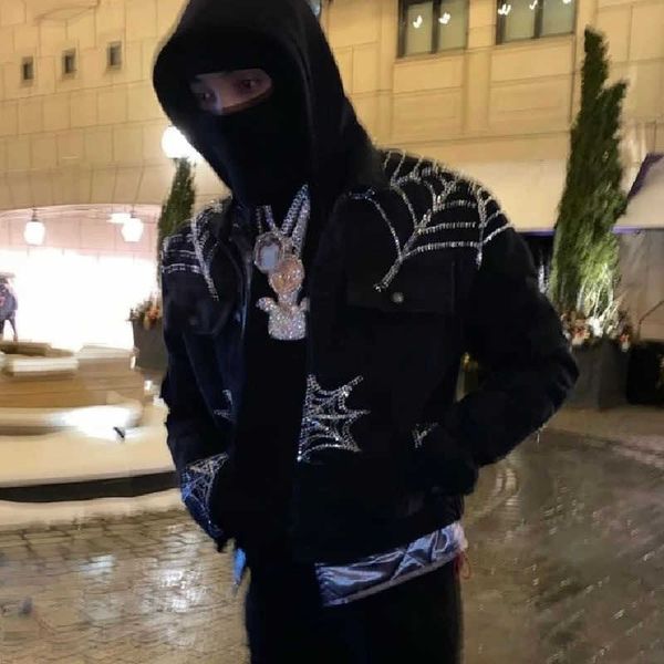 

winter mens denim jacket with diamond inlaid spider baseball jacket sp5der designer jackets men women hip-hop cardigan coat 002, Black;brown