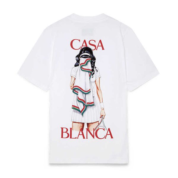 

casablanca 23ss new designer t shirt hawaii tennis portrait letter print round neck loose men and women fashion short sleeve tees couple sum, White;black