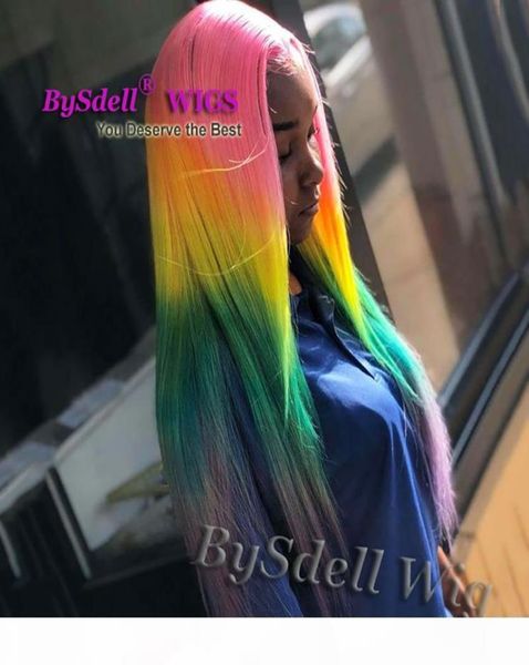 

bright colorful rainbow hair wig synthetic long straight pink yellow green purple ombre hair lace front wigs beauty fashion female7482847, Black