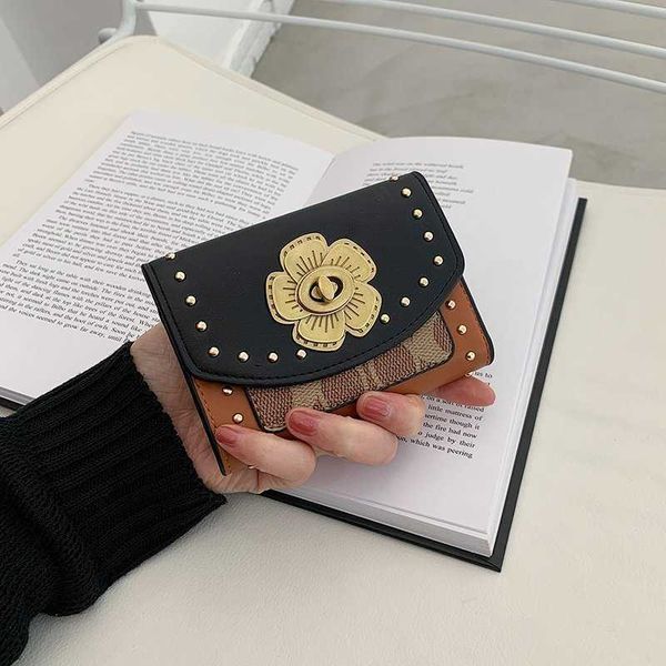 

clutch bags ouhuochao brand camellia wallet three fold rivet short wallet multi card bag