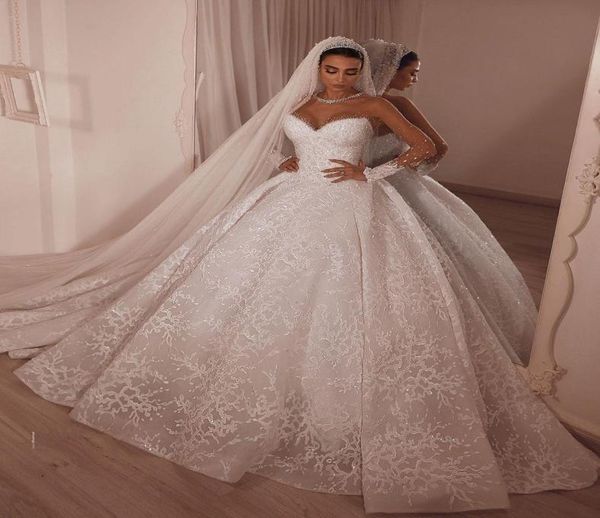 

2021 arabic aso ebi lace beaded crystals wedding dresses sheer neck long sleeves bridal dresses vintage wedding gowns vestido9040141, White