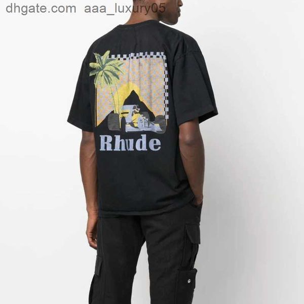 

designer fashion clothing tees hip hop tshirts rhude moonlight tropic racing print men couples pure cotton t-shirt streetwear loose sportswe, White;black