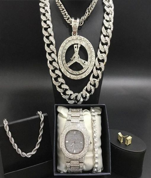 

men silver watch hip hop men watch necklace bracletering combo set out cuban crystal miami chain hip hop for r9dl5045322