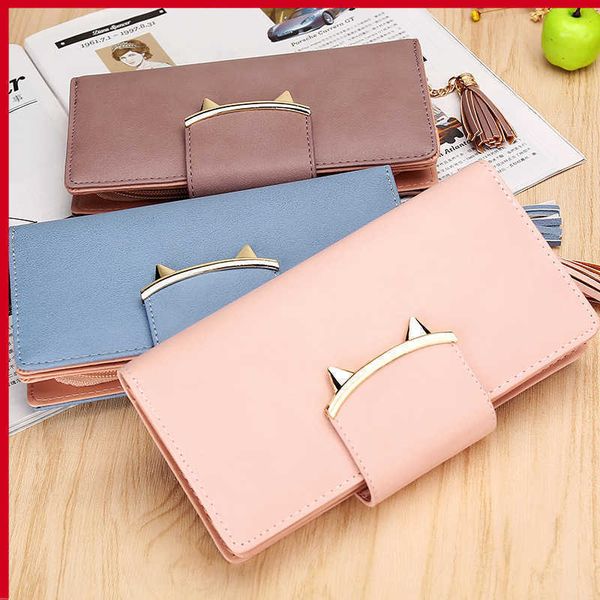

stylish and exquisite small purse 2020 women's wallet japan korea zipper frh cat ear student long bag, Red;black