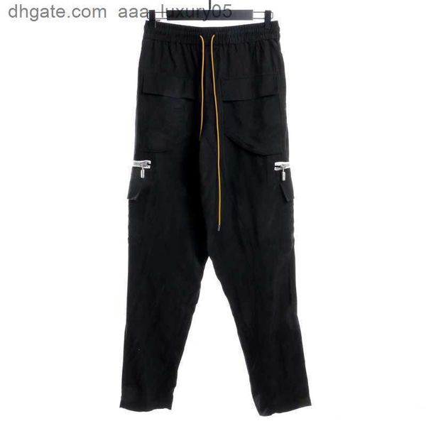 

designer clothing pant rhude copper ammonia pill zipper multi pocket drawstring cargo pants high street button sports casual pants thin stre, Black