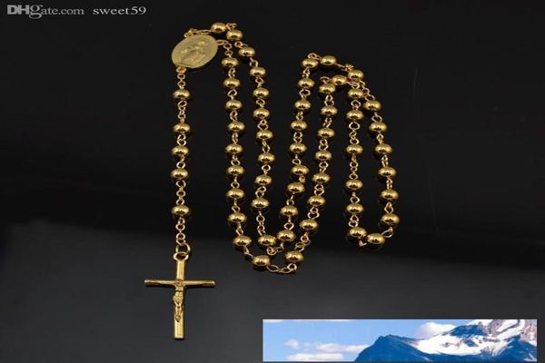 

catholic cross pendant goddess 18k gold plated trendy long rosary necklace cr027 for menswomen 6mm beads fashion3229120, Silver