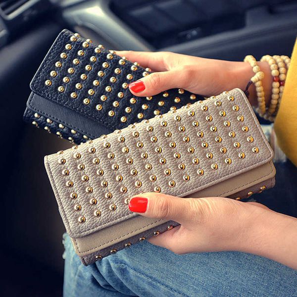 

new women's long three fold wallet with multiple card positions buckle handbag rivet multi grid layer mobile phone bag card bag