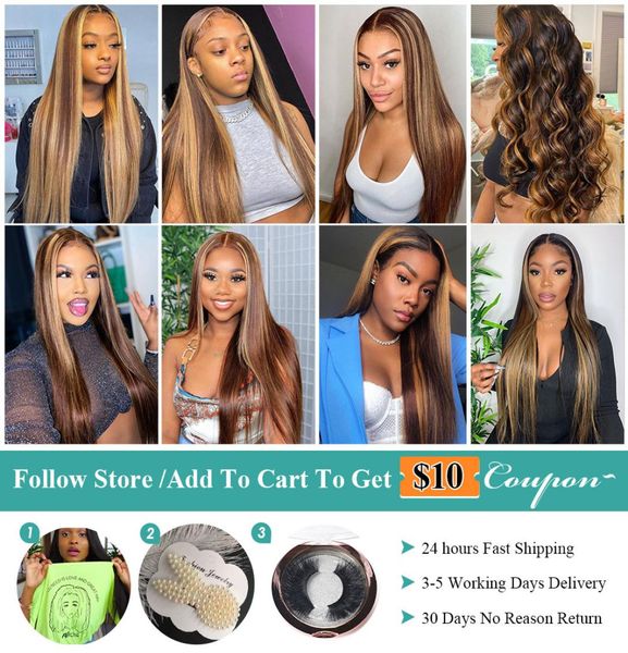 

allove honey blonde lace front wigs highlight brown lace front human hair wigs brazilian bone straight human hair wig ombre wig9096221, Black;brown