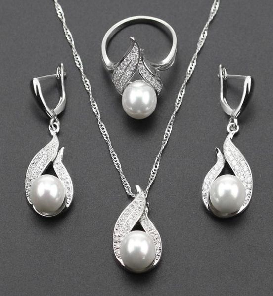 

925 silver color s shaped imitation white pearl jewelry set for women christmas gift silver color necklace earring ring js314525017
