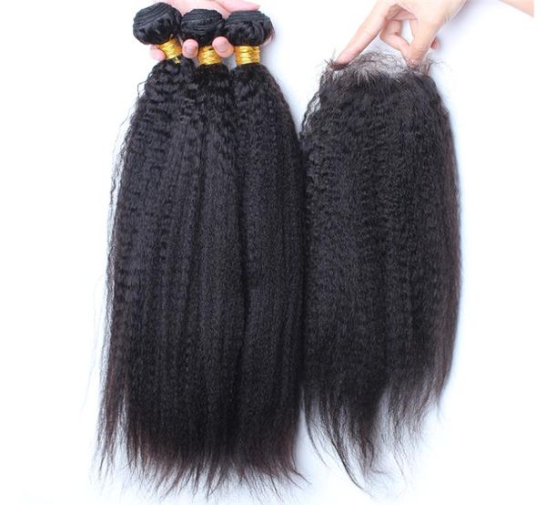 

good quality kinky straight hair bundles with lace closure 4pcslot italian coarse yaki hair weaves with 4x4 lace closure1510107, Black