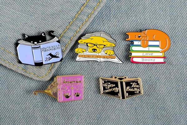 

cute small animal cartoon dog book funny enamel brooches pins for women demin shirt decor brooch pin metal kawaii badge fashion je9604410, Gray