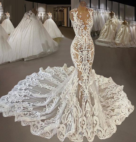 

2022 lace mermaid wedding dresses bridal gowns jewel neck appliqued country vestidos de novia4137435, White