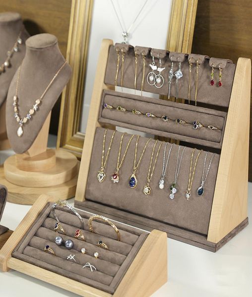 

beech wood jewelry display stand jewellery displays boutique counter exhibitor ring earring necklace bracelet dress table jewelry 9552764, Black