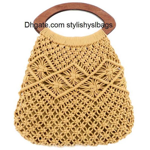 

evening bags wooden handle portable cotton rope weaving straw bag handmade net handbag beach plait bag