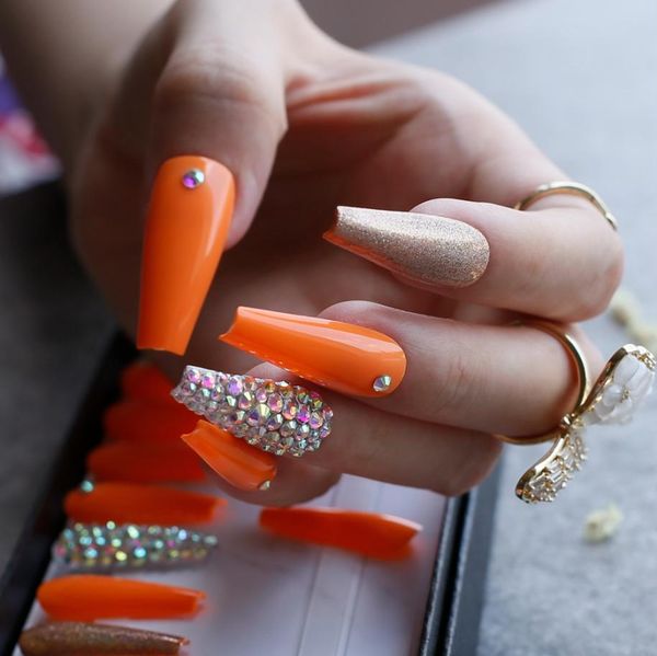 

orange uv false nails gel holographic design nails crystal extra long coffin fake nail rhinestone4741070, Red;gold
