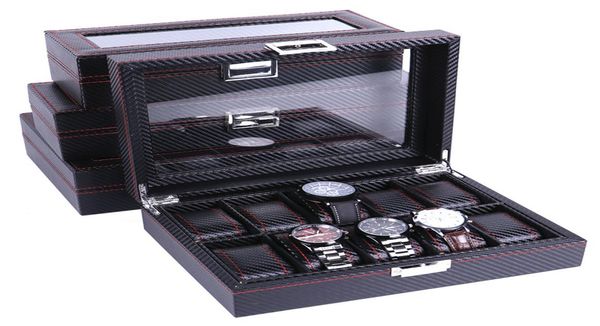 

high carbon fiber 5 6 10 12 grid watch box watch display storage box bracelet display slots case holder storage container4688109, Black;blue