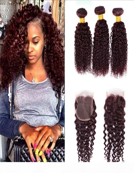 

99j burgundy brazilian kinky curly virgin hair with 4x4 closure brazilian human curly hair weave 3 bundle with middle three l1749465, Black;brown