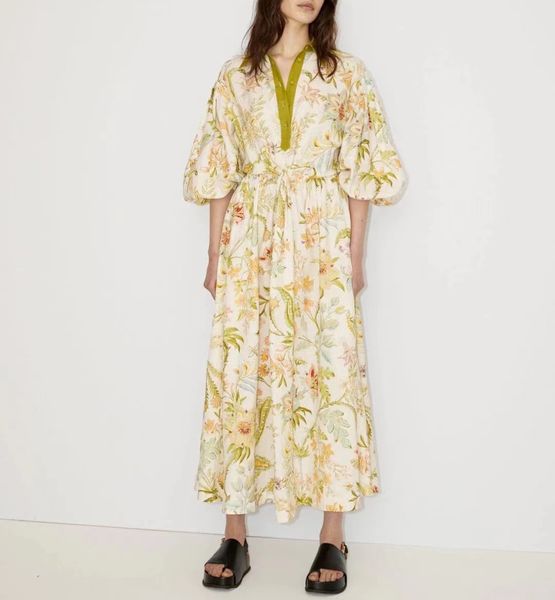 

australian designer dress lantern sleeve floral printed linen dress, Black;gray