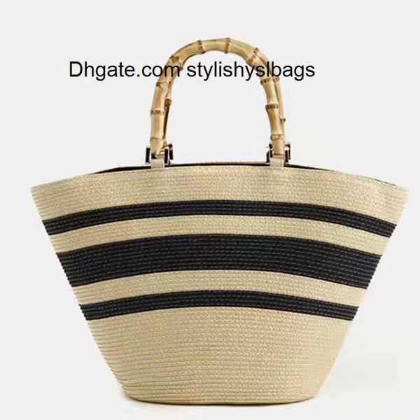 

evening bags fashion casual women's bag shoulder color matching striped straw tote bamboo handle handbag pp grass woven bag