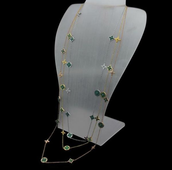 

europe america style lady women titanium steel initials long necklace sweater chain with 11 motifs mother of pearl malachite flowe2022700, Silver