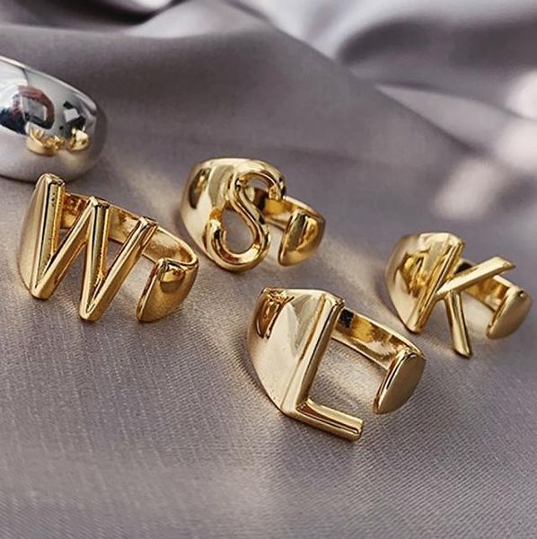 

alphabet a z letter ring 18k gold plated chunky name irregular gold ring adjustable initial ring3085729, Silver