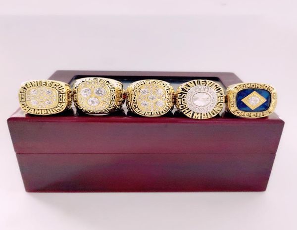 

5pcs 1984 1985 1987 1988 1990 edmonton oilers championship ring set men fan souvenir gift whole1014157, Golden;silver