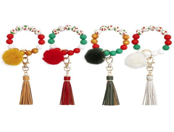 

christmas silicone beaded bracelet cartoon tassel key chain fur ball pendant wrist keychain fashion accessories4284078, Black