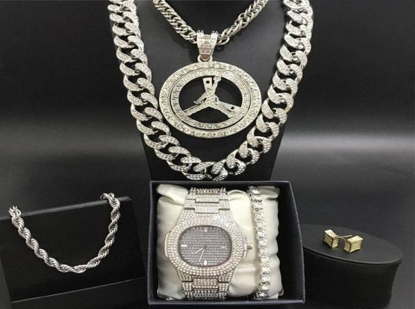

men silver watch hip hop men watch necklace bracletering combo set out cuban crystal miami chain hip hop for r9dl8259266