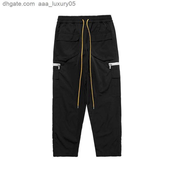 

designer clothing casual pant 2023 new trendy hip hop button high street multi pocket zipper drawstring rhude pants streetwear jogger trouse, Black