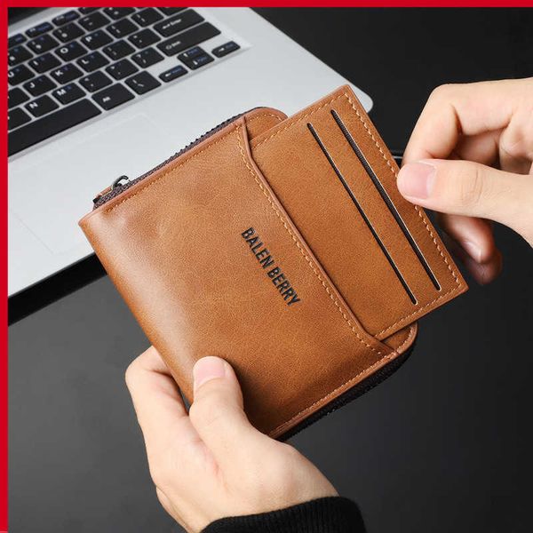 

stylish and exquisite small purse men's wallet card bag zero zip-per pu multiple slots short leather money clips, Brown;gray