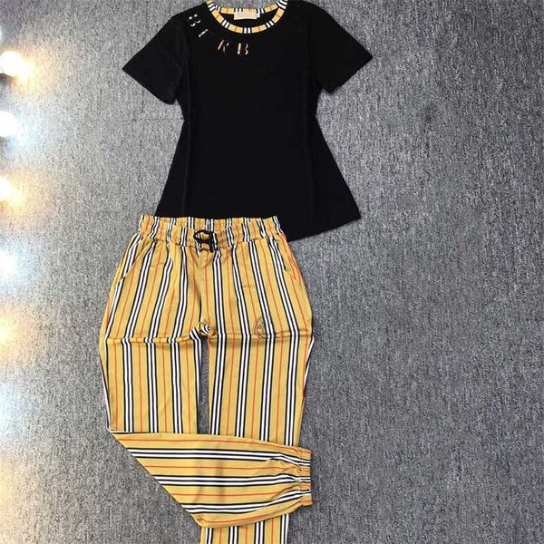 

summer clothes two piece women pants tshirt splicing round neck alphabet pattern short-sleeved t-shirt striped casual pants designer casual, White