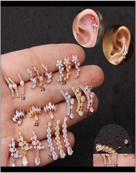 

stud earrings 1pc cz curved cartilage piercing jewelry 20g stainless steel earring tragus rook conch screw back stud ear rfco83566603, Golden;silver