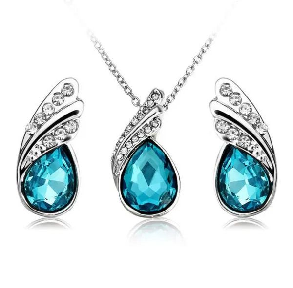 

crystal water drop necklace earring jewelrys set lady silver plated jewelry giftdark blue pendant beautiful purple earrings3540287