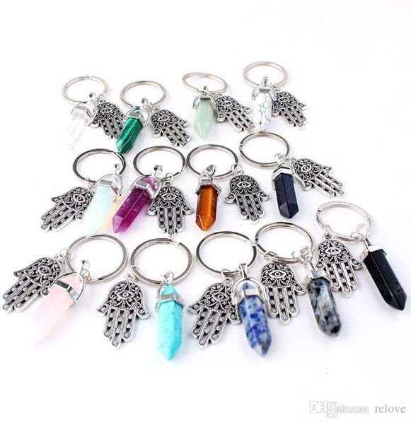 

bullet shape natural stone keychain turquoise quartz crystal fatima evil eye palm charms key chains hexagonal accessories bag key 1786724, Silver